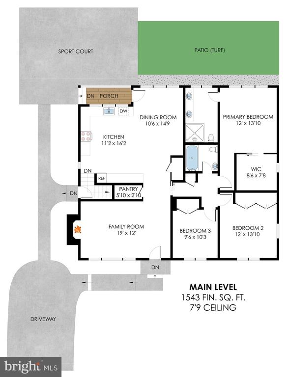 Main-level floor plan with three bedrooms, family room, kitchen, sport court and turf patio.