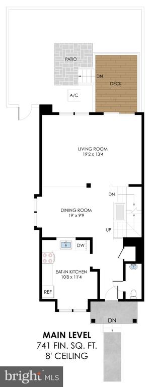 Main-level floor plan showing living and dining rooms, eat-in kitchen, patio, and deck.