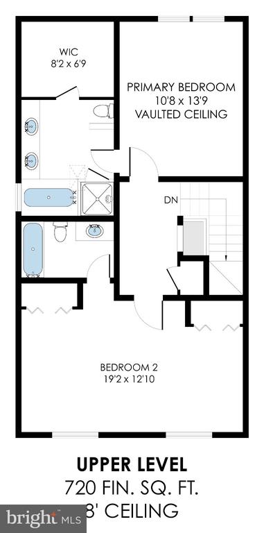 Upper-level floor plan with a vaulted primary bedroom, walk-in closet, bathroom, stairs, and second bedroom.