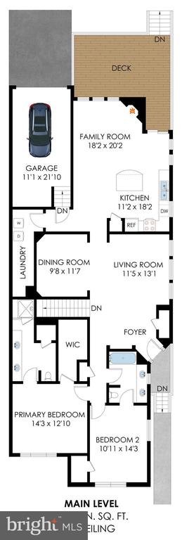 Main-level floor plan showing two bedrooms, living areas, kitchen, garage, and deck.