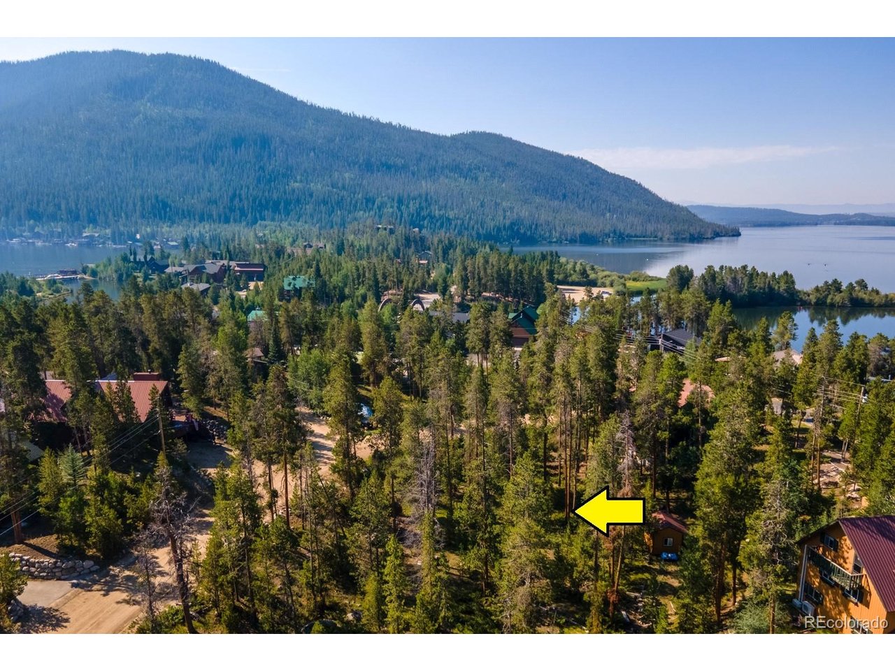 Wooded land parcel marked by a yellow arrow, with a lake and forested mountains beyond.