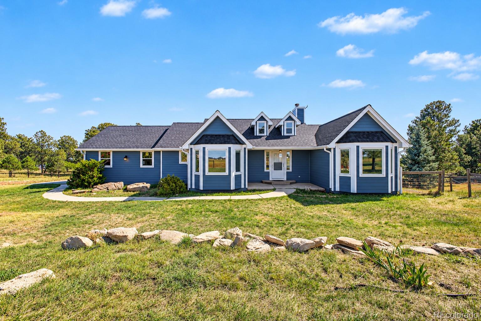 Blue house with white trim, multiple gables, bay windows, and a stone-edged lawn.