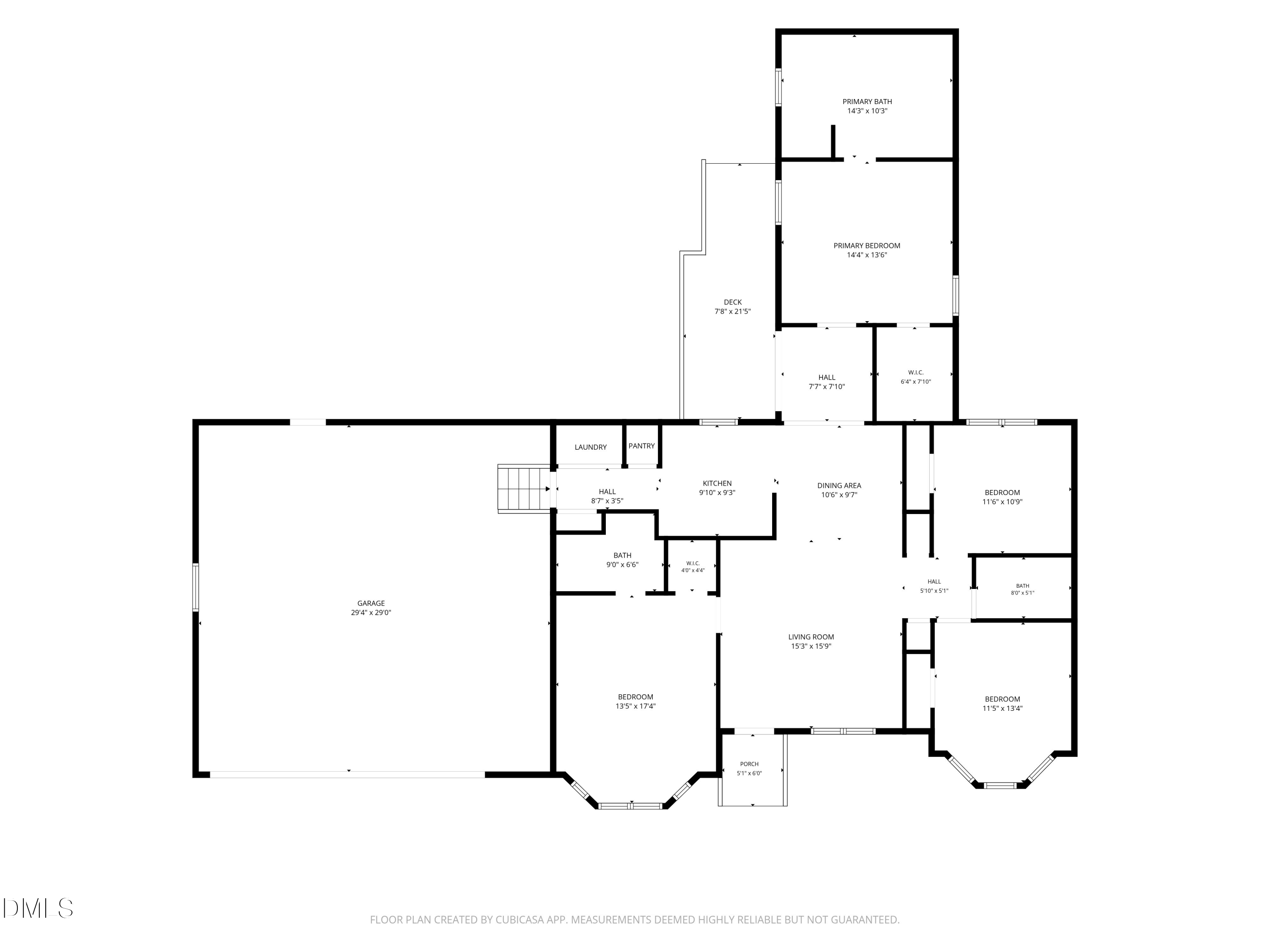 Floor plan showing the home's room layout, dimensions, garage, deck, and porch.