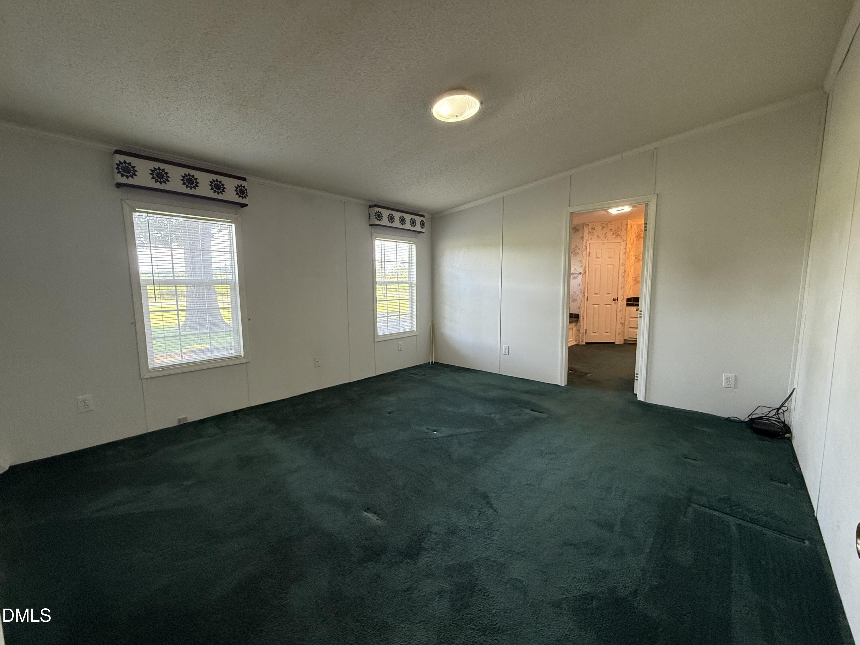 Empty bedroom with dark green carpet, two windows, and an open doorway to an adjoining room.