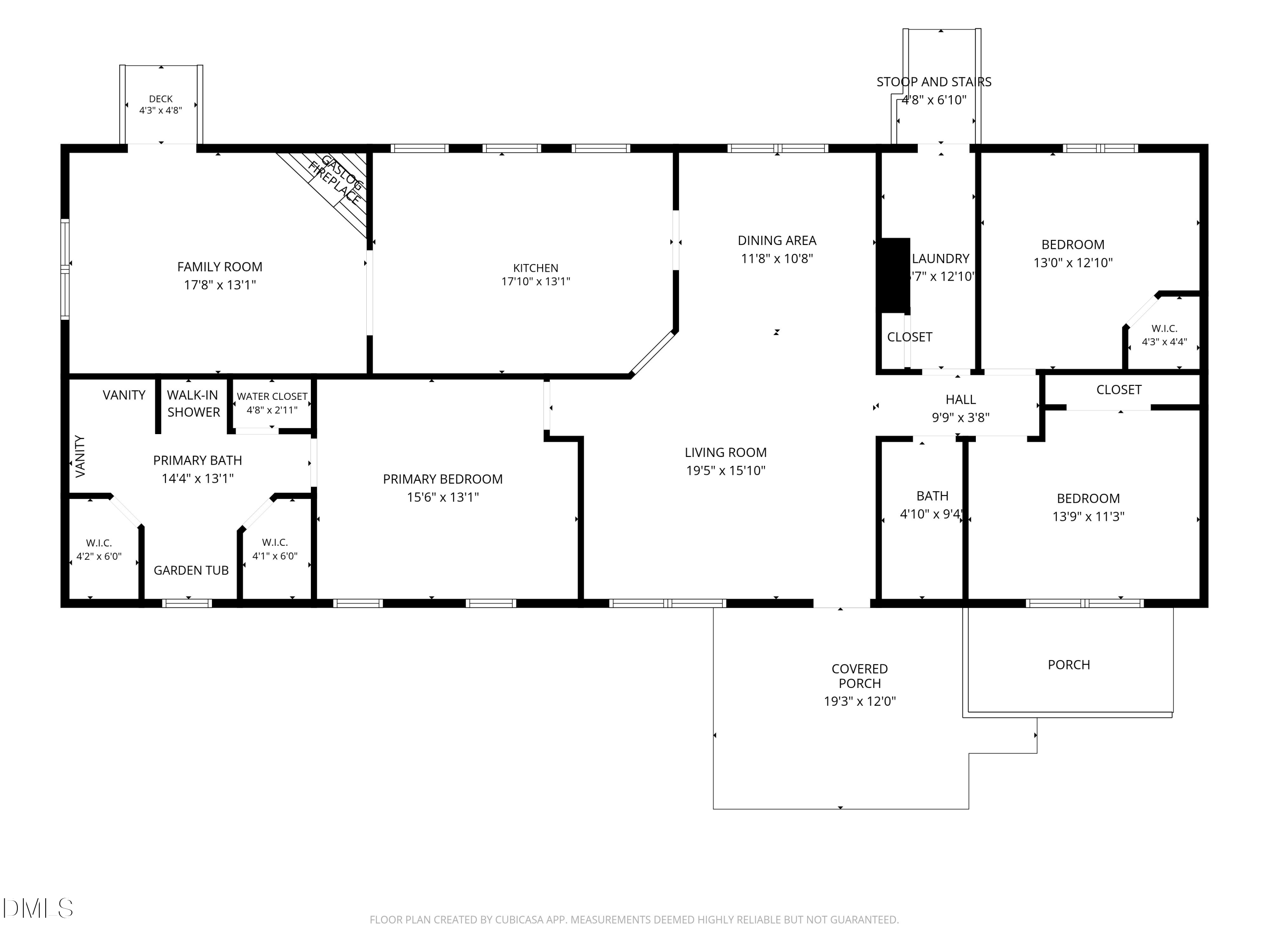 Floor plan showing the home’s rooms, dimensions, covered porch, porch, and deck.