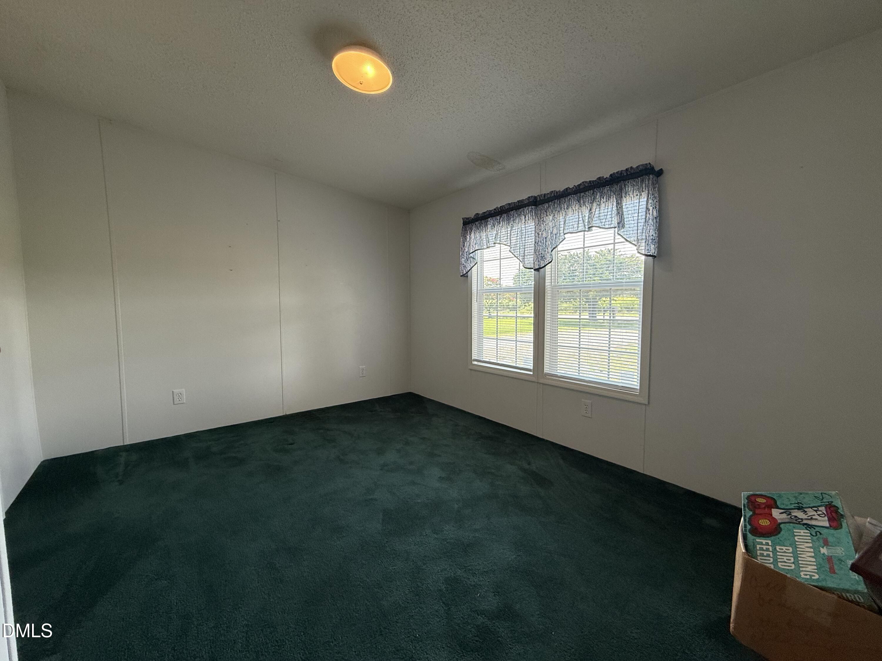 Empty carpeted room with two windows, blinds, and blue patterned valances.
