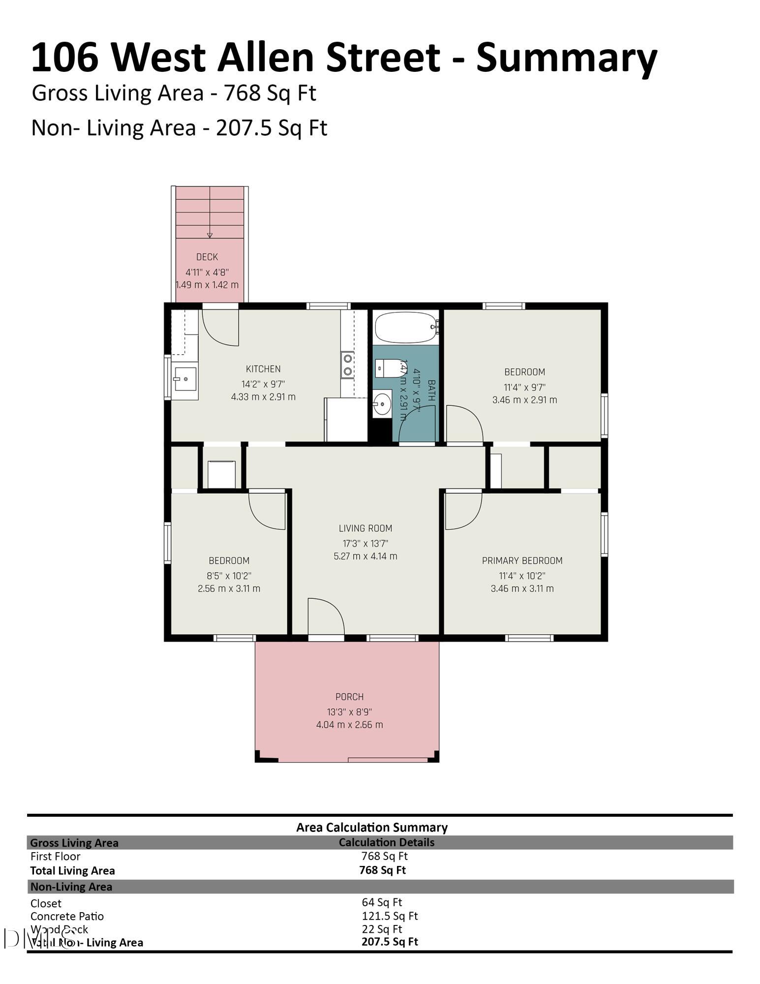 Floor plan for 106 West Allen Street, showing three bedrooms, a porch, and a deck.