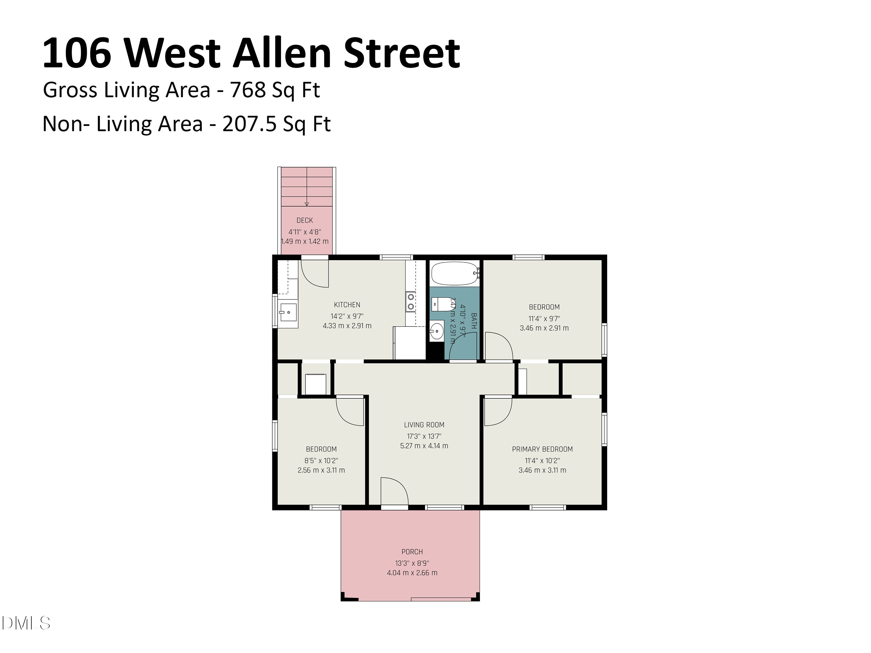 106 West Allen Street floor plan: three bedrooms, kitchen, living room, bath, porch, and deck.