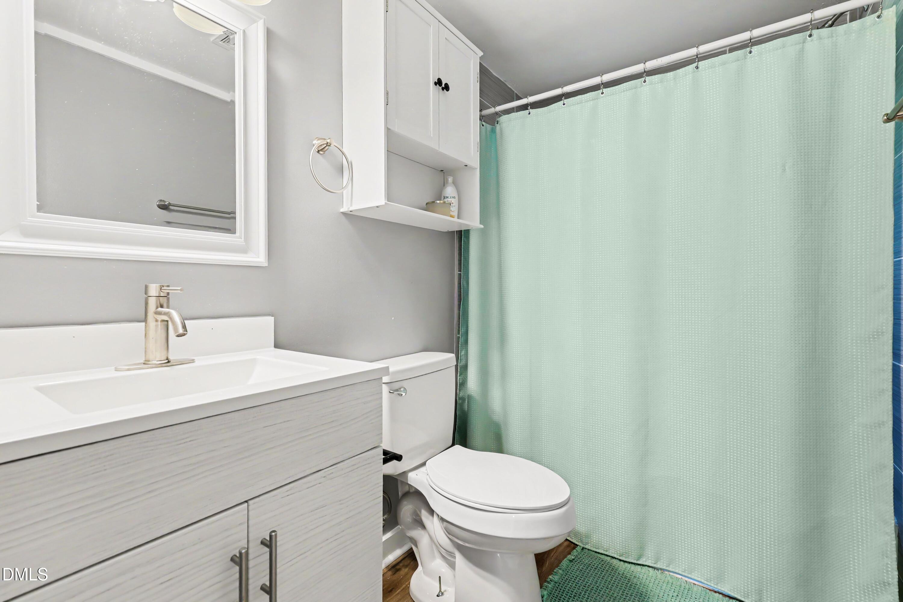 Bathroom with a white vanity and toilet beside a pale green shower curtain.