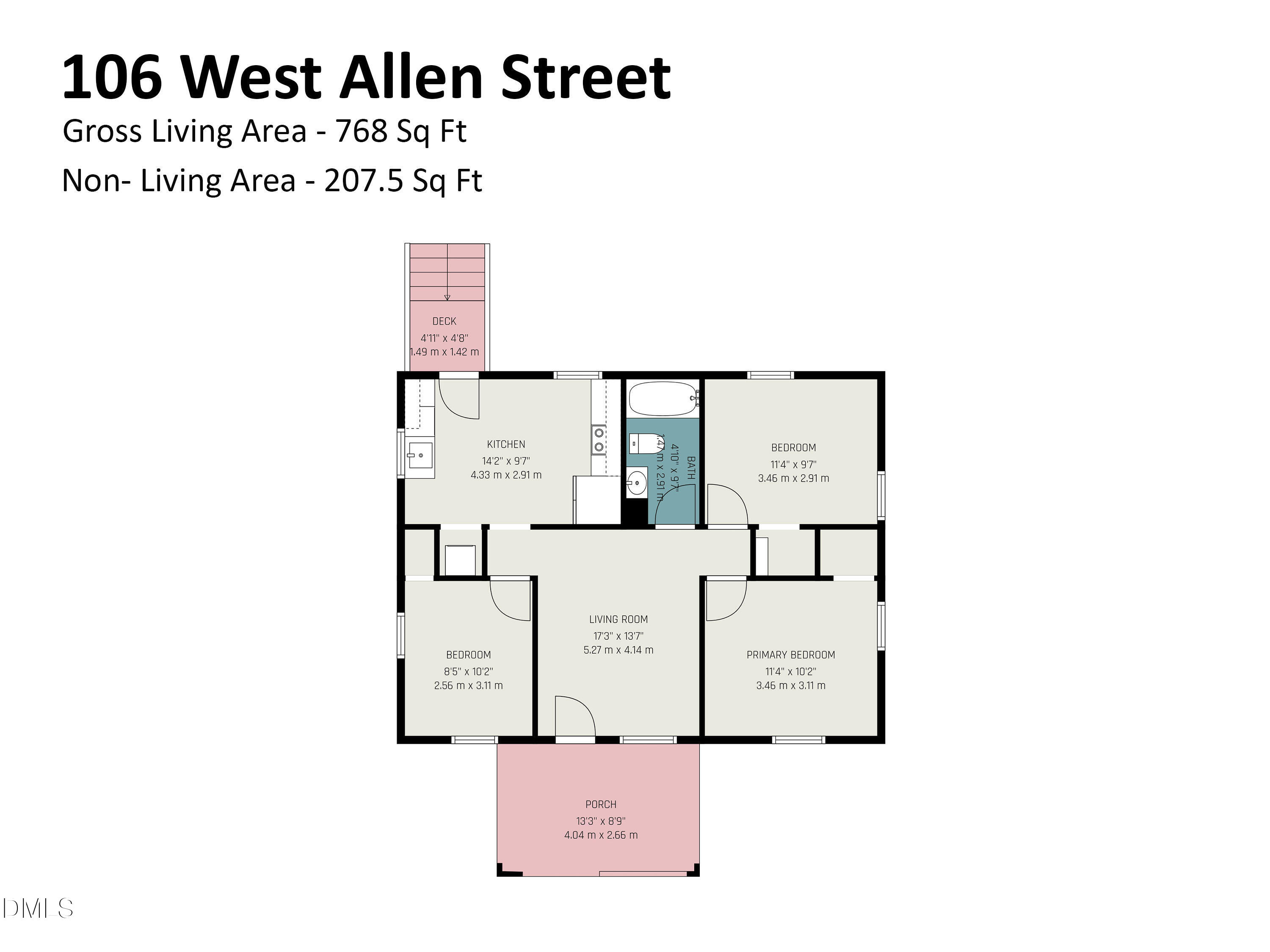 Floor plan of 106 West Allen Street with three bedrooms, a living room, kitchen, porch, and deck.