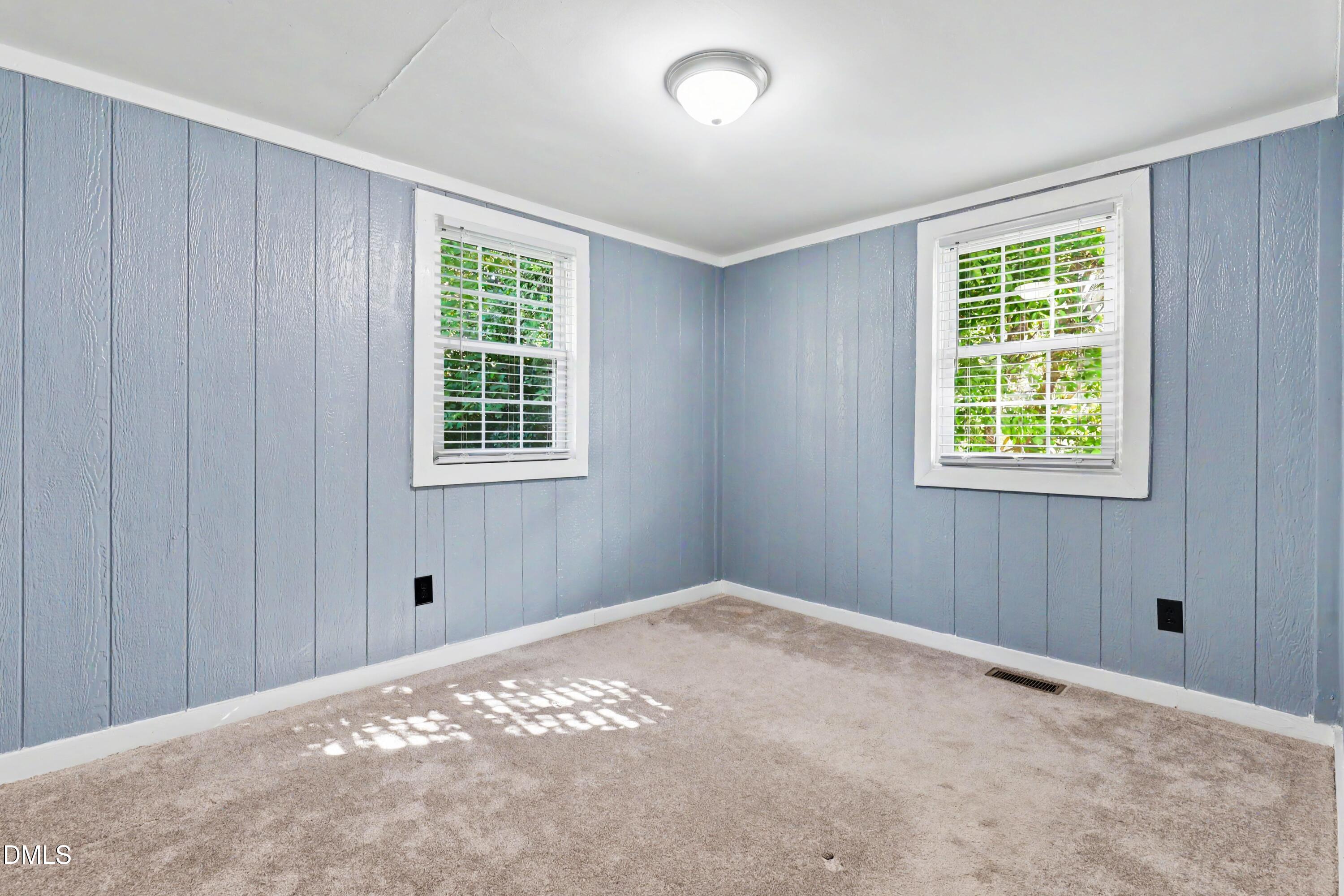 Empty room with blue paneled walls, beige carpet, and two sunlit windows with white blinds.
