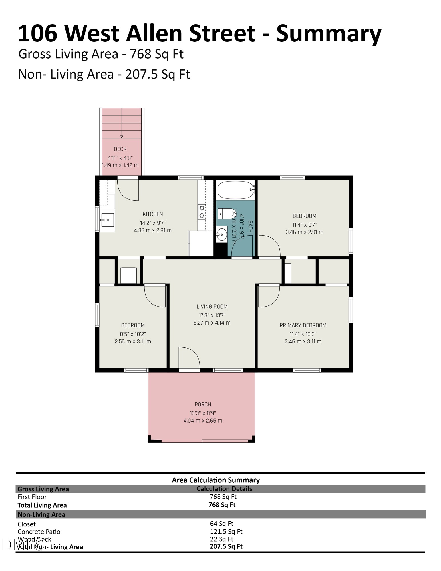 Floor plan of 106 West Allen Street showing three bedrooms, a living room, kitchen, porch, and deck.
