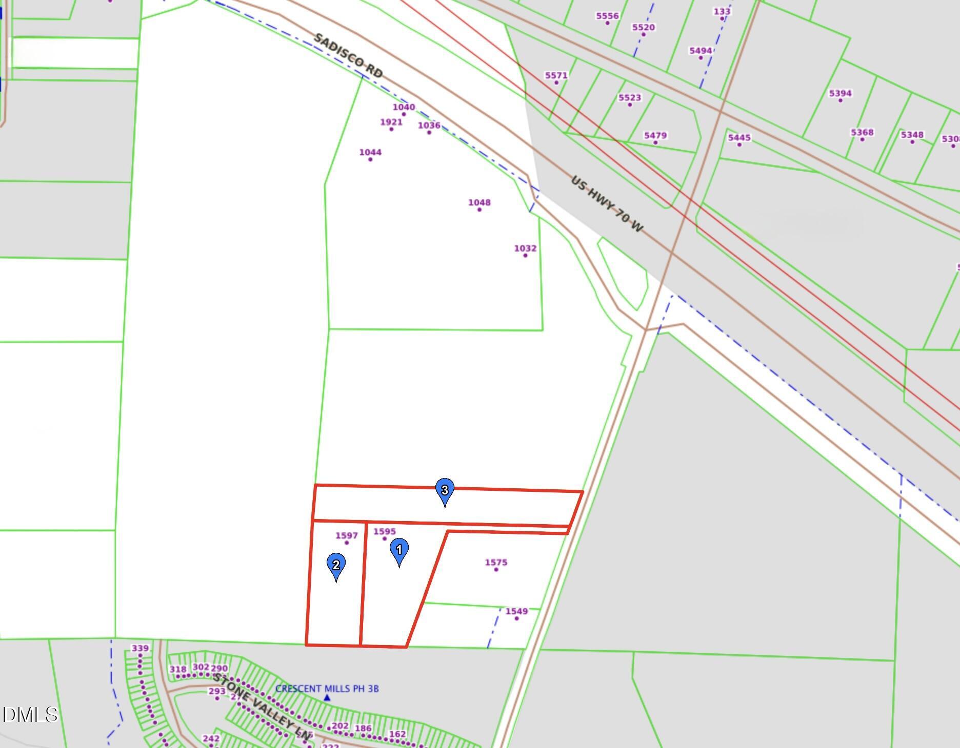 Parcel map highlighting 1595 and 1597 near US Highway 70 West and Sadisco Road.