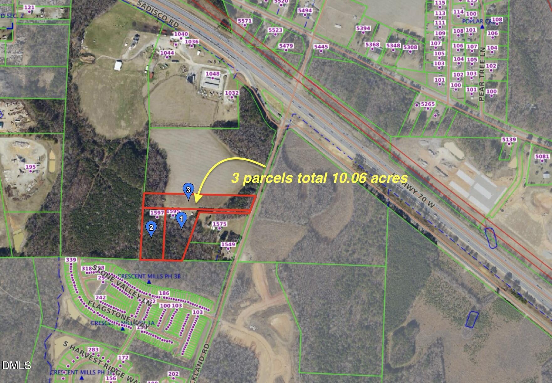 Map outlining three parcels totaling 10.06 acres near Highway 70 West.
