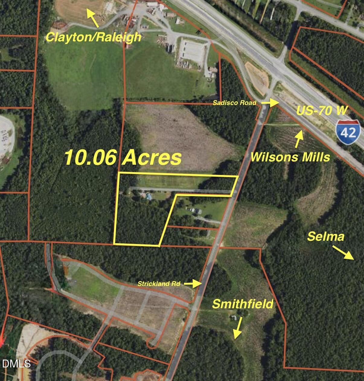 Aerial map outlining a 10.06-acre parcel near Strickland Road in Smithfield, with nearby roads and towns labeled.
