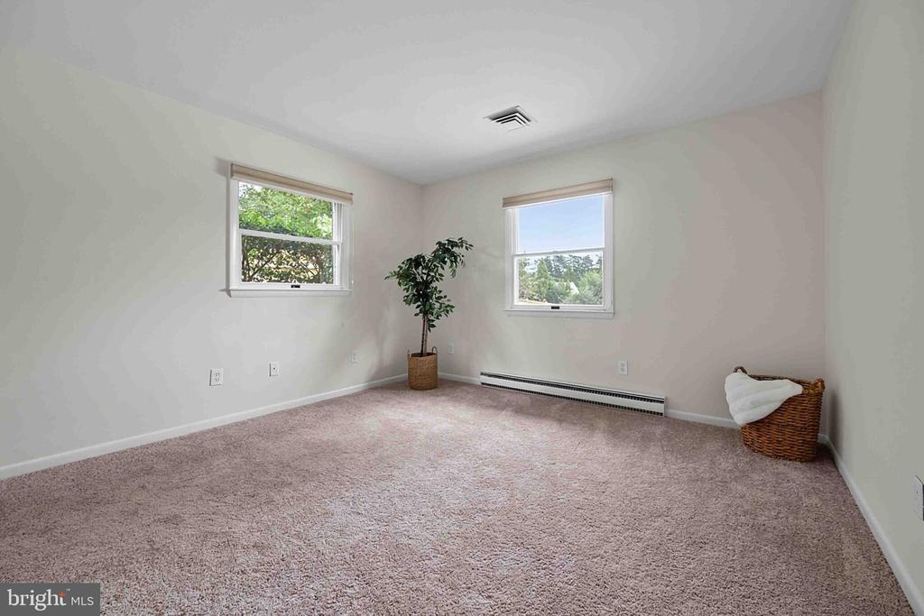 Carpeted room with two windows, a potted plant, and a woven basket.