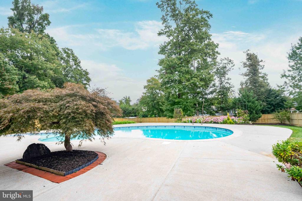 Outdoor swimming pool with a wide concrete patio, wooden fence, and mature trees.