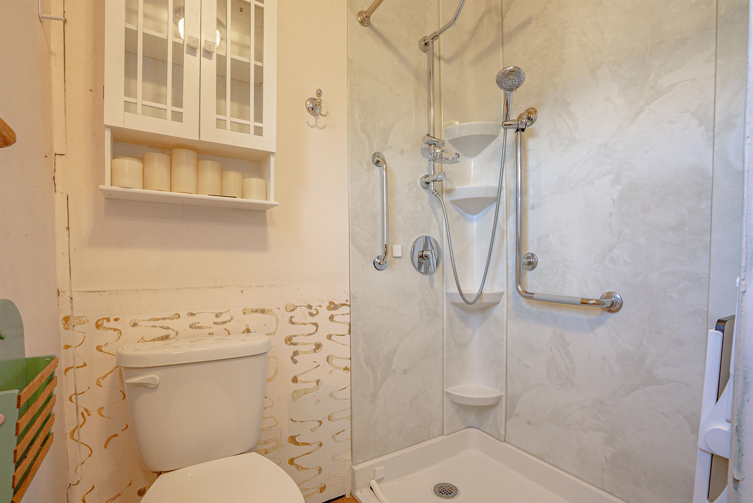 Bathroom with a walk-in shower and chrome grab bars beside a toilet.