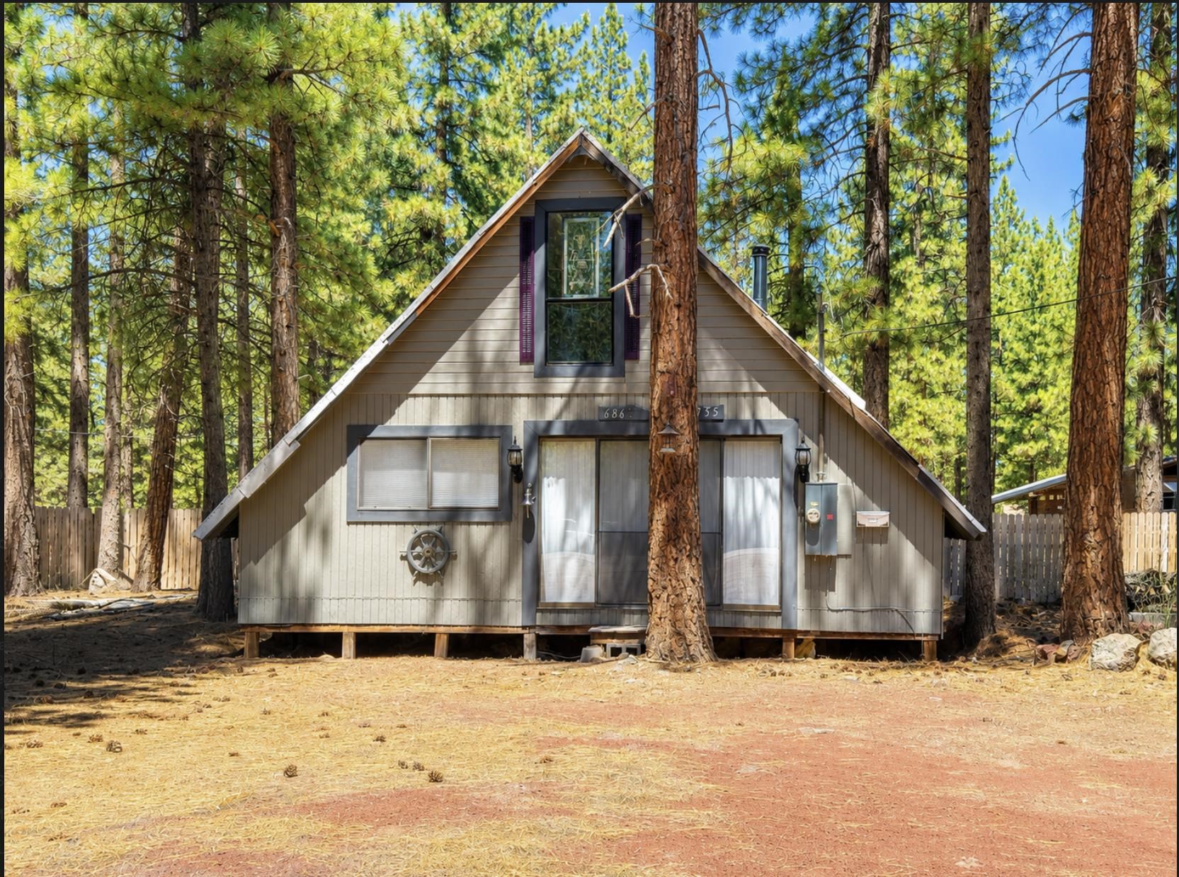 A-frame cabin among tall pine trees, with a central tree partly obscuring the front entrance.