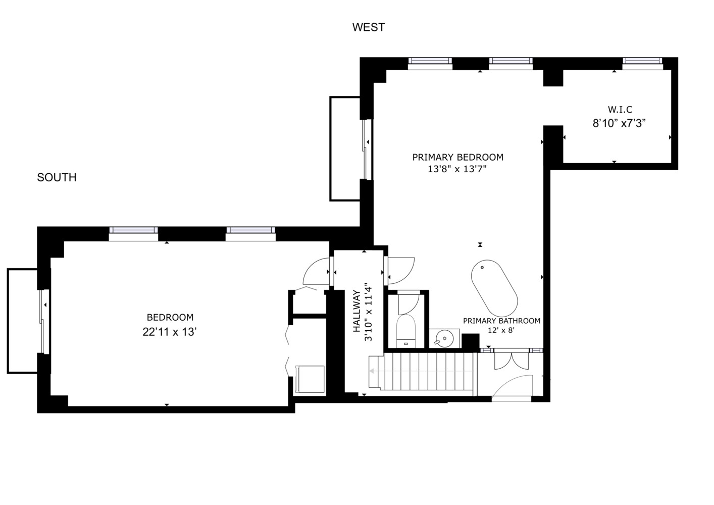Floor plan showing two bedrooms, a walk-in closet, primary bathroom, and hallway.