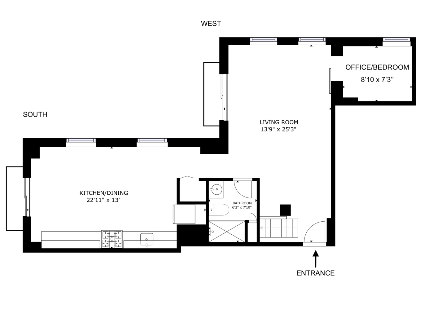 Floor plan of 330 Wythe Avenue 4E showing a kitchen-dining area, living room, office-bedroom, and bathroom.