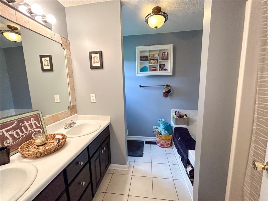 Bathroom with a double-sink vanity and an adjoining blue-gray bathing area.