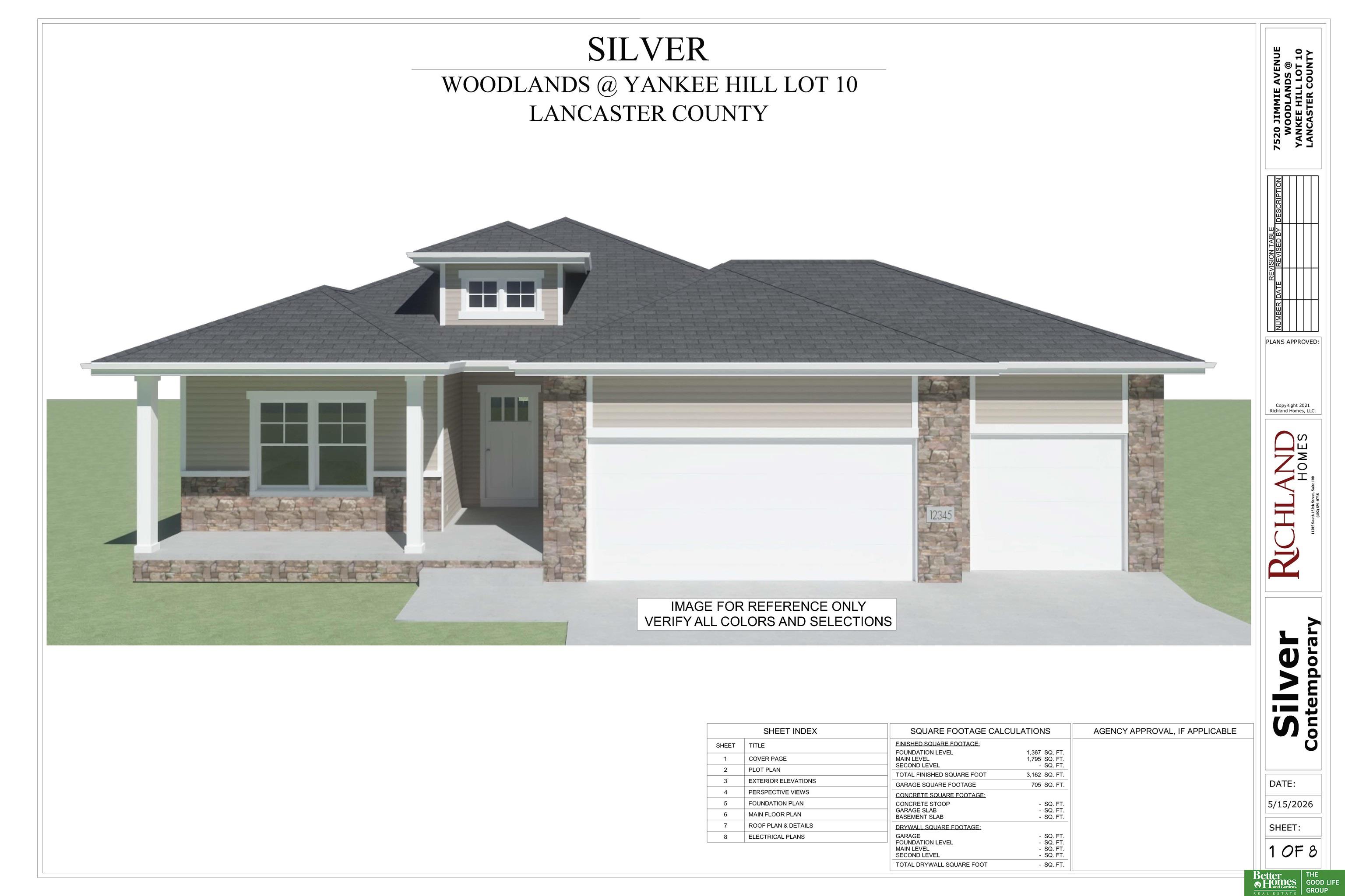 Rendered single-story house with a broad gray roof, stone accents, covered porch, and two-car garage.