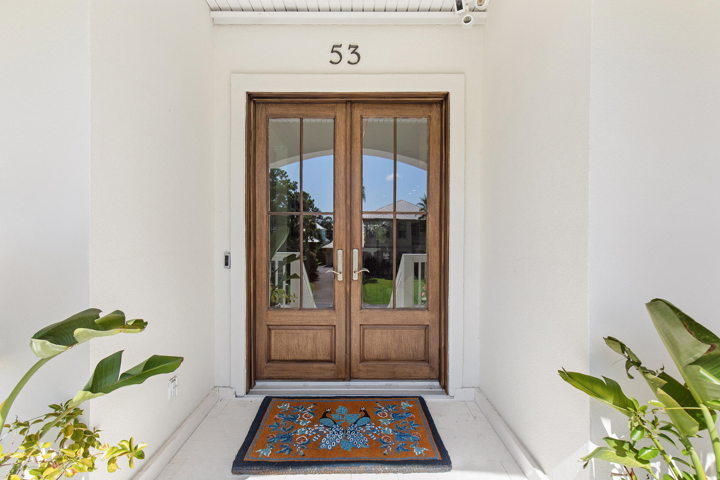 Covered entry with wood-framed glass double doors, tropical plants, and a patterned doormat.
