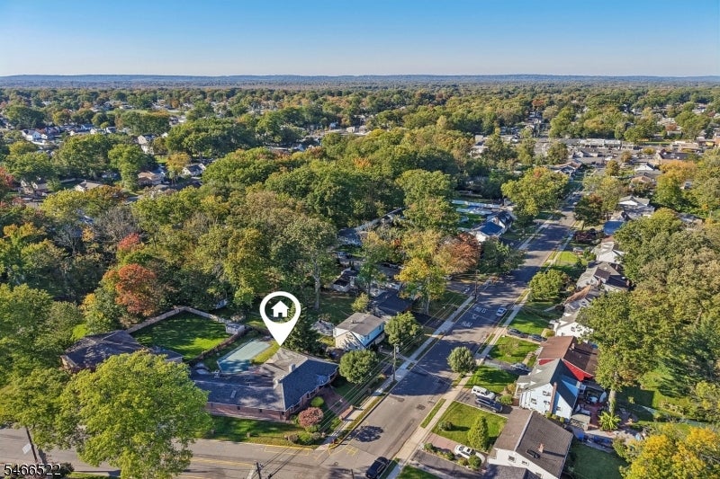 Aerial view of a tree-lined Woodbridge neighborhood, with 97 Amherst Ave marked near the foreground.