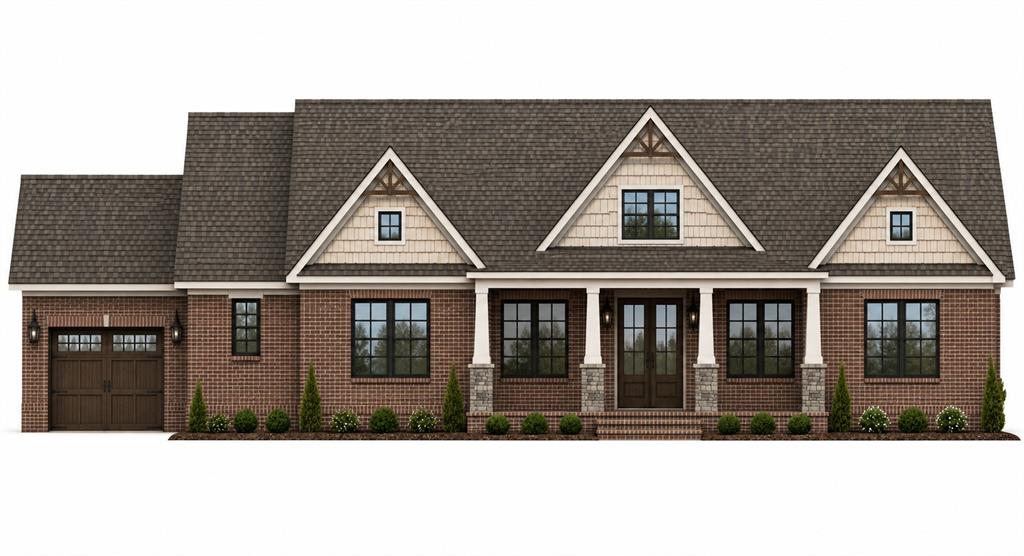 Brick house with a multi-gabled roof, covered front porch, and attached garage.