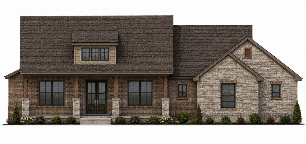 Brick and stone house with a dark roof, covered porch, and front-facing gables.