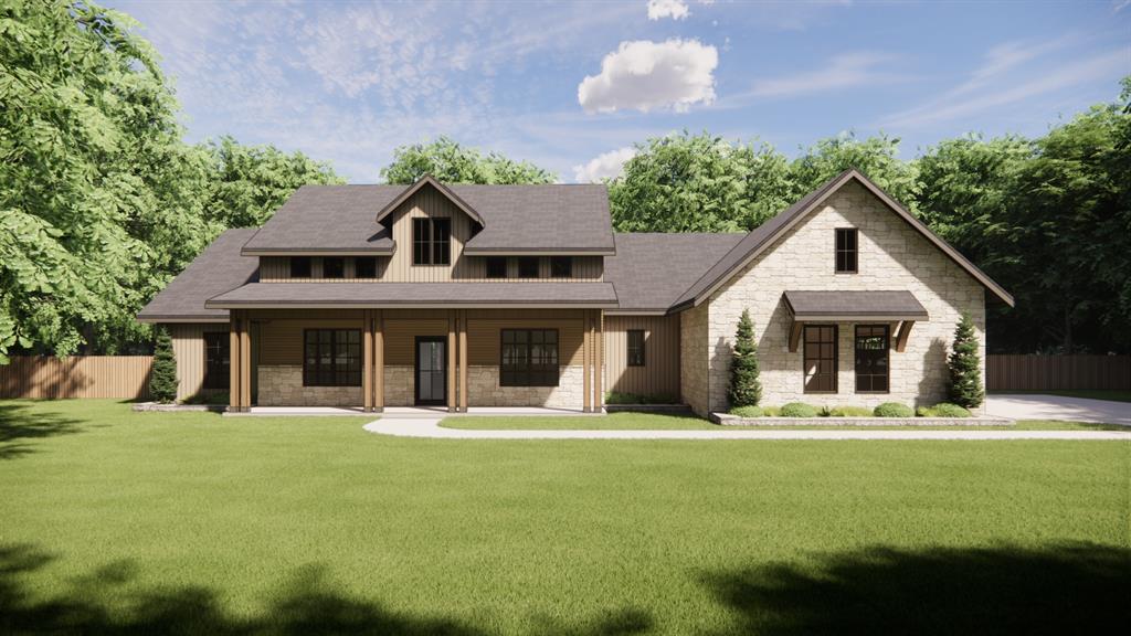 Stone-and-siding home with a broad gabled roof, front lawn, and mature trees.