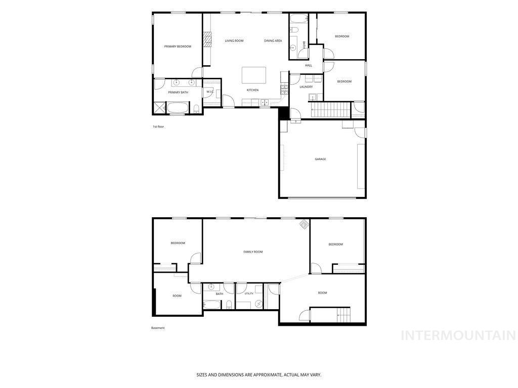 Two-level home floor plan showing the first floor and basement with labeled rooms and a garage.