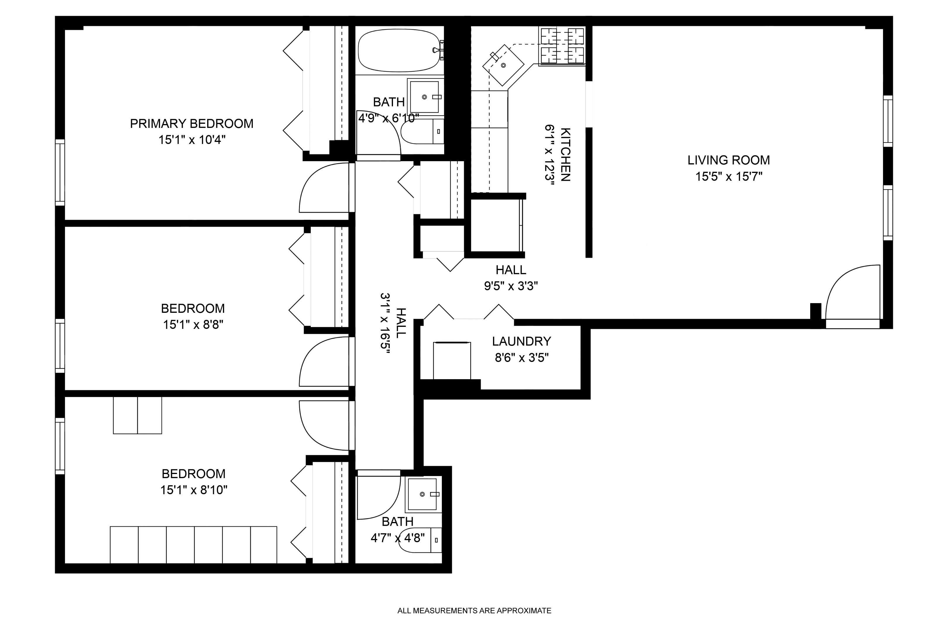 Three-bedroom apartment floor plan with two bathrooms, a living room, kitchen, and laundry area.