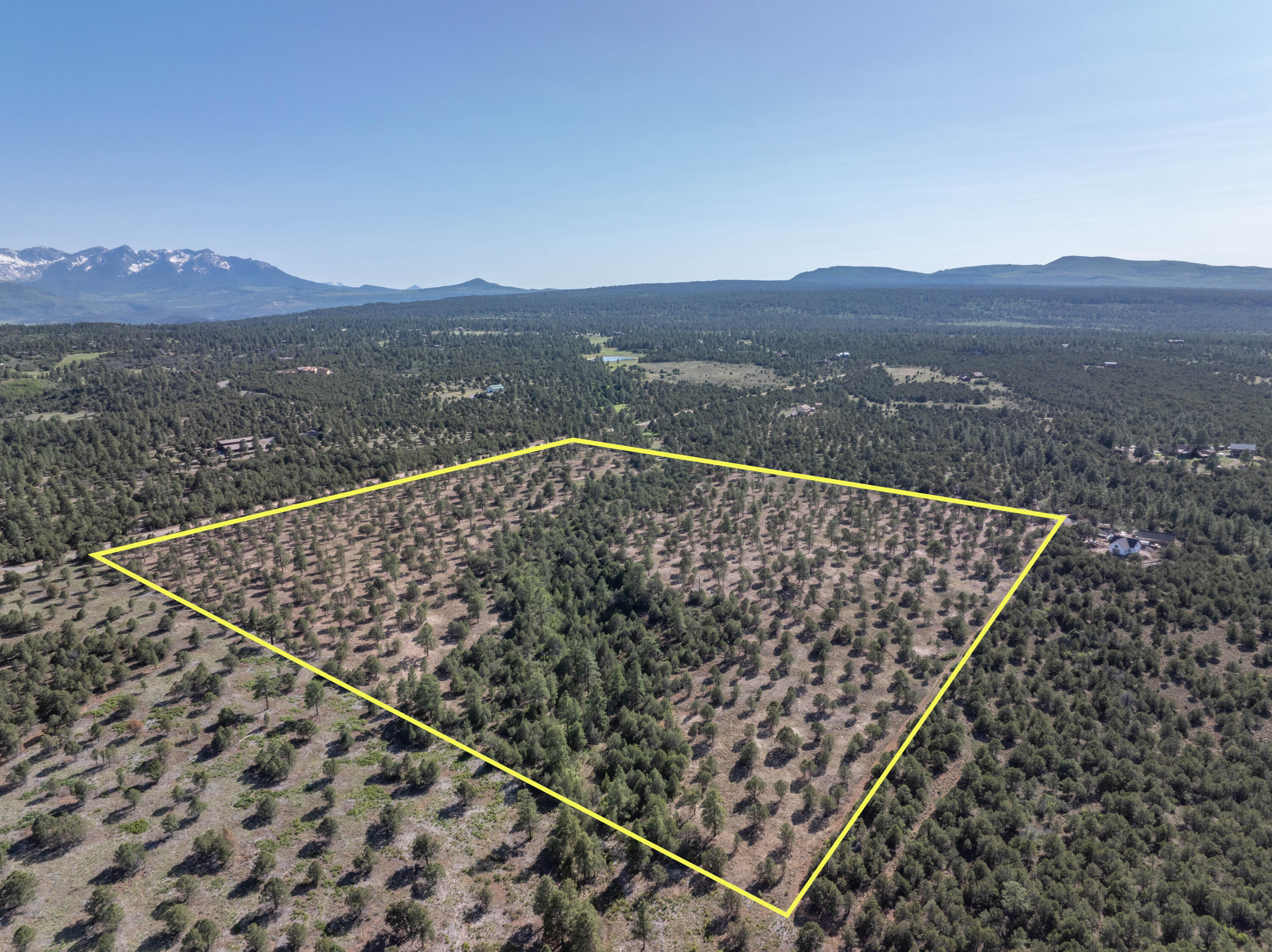 Aerial view of a wooded parcel outlined in yellow, with distant mountains beyond.