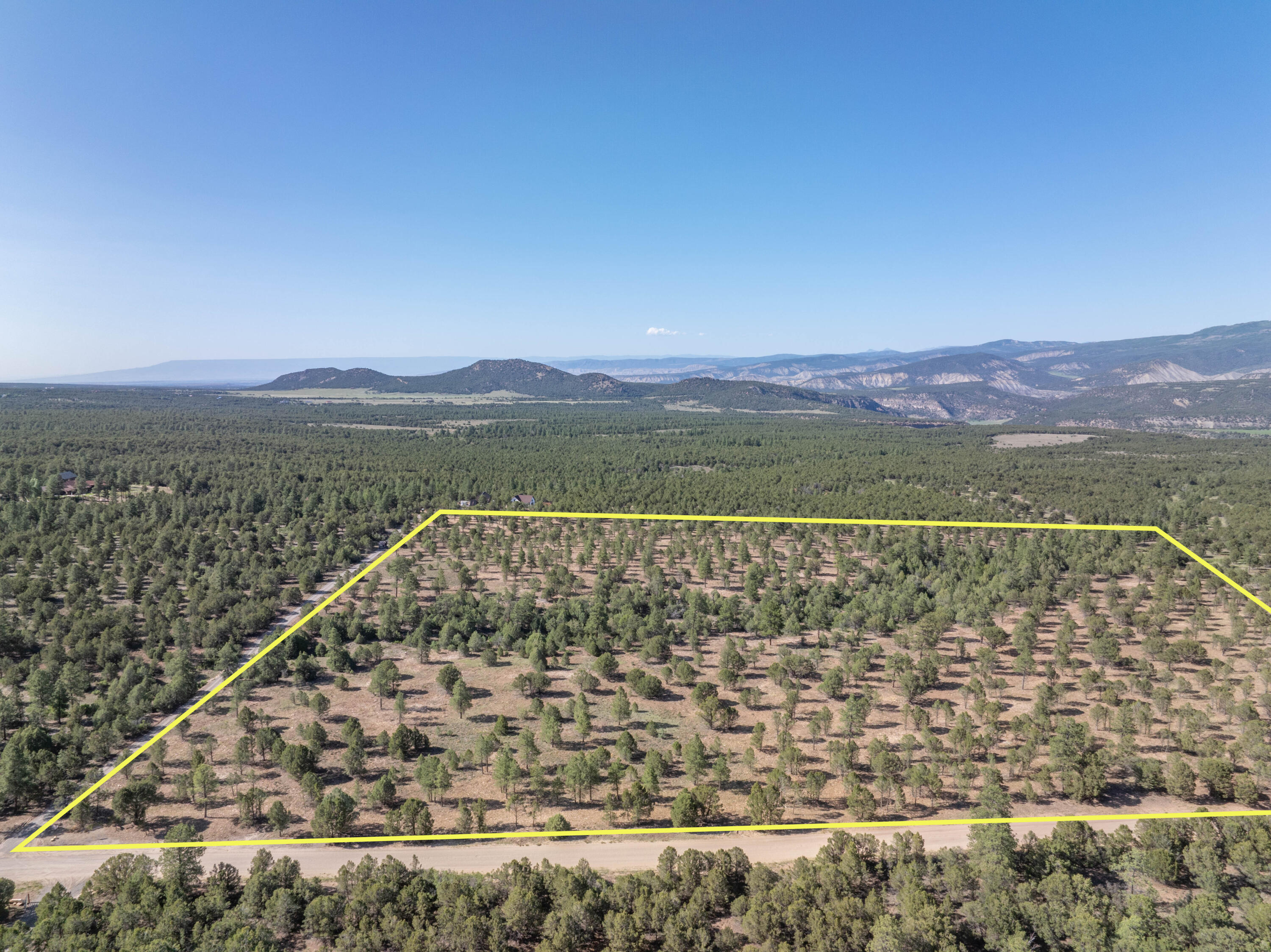 Aerial view of a wooded parcel outlined in yellow, with a dirt road and distant mountains.