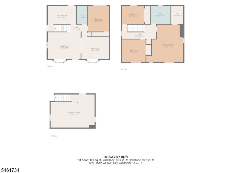 Three-level floor plan with labeled rooms and a total area of 2,137 square feet.