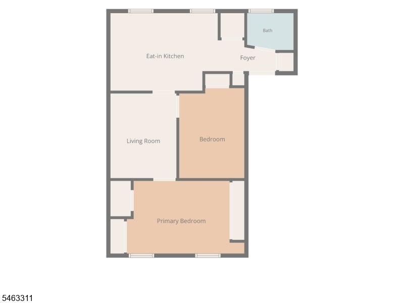 Floor plan showing an eat-in kitchen, foyer, bath, living room, bedroom, and primary bedroom.