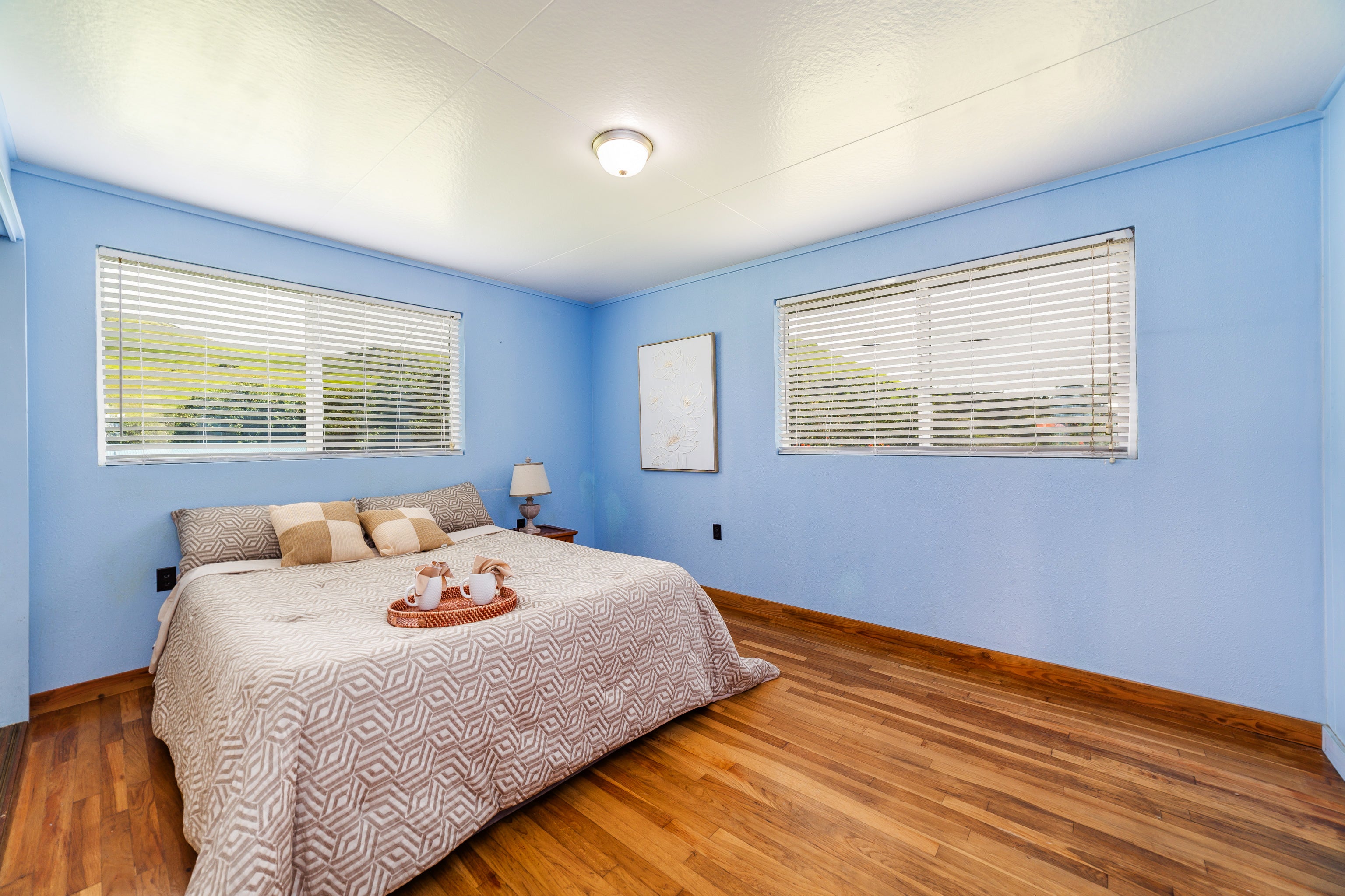 Staged bedroom with blue walls, a patterned bed, two wide windows, and wood floors.