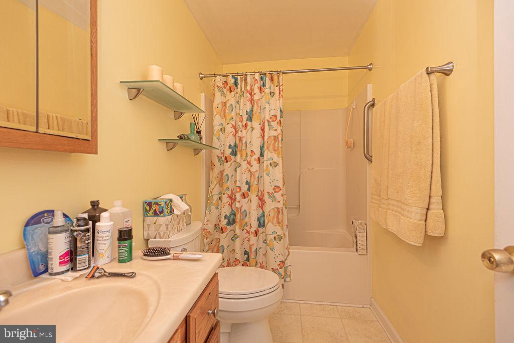 Bathroom with a floral shower curtain, bathtub, toilet, and vanity.