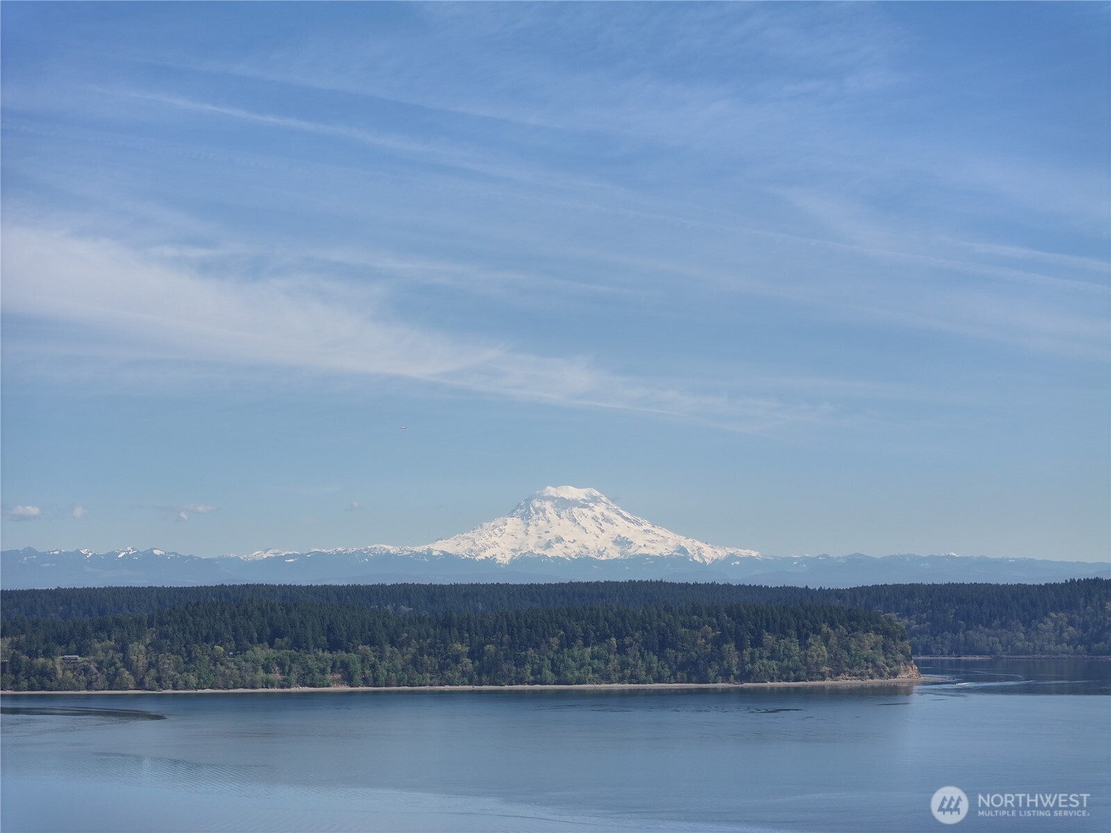 Snow-covered Mount Rainier rises beyond a forested shoreline and calm water.