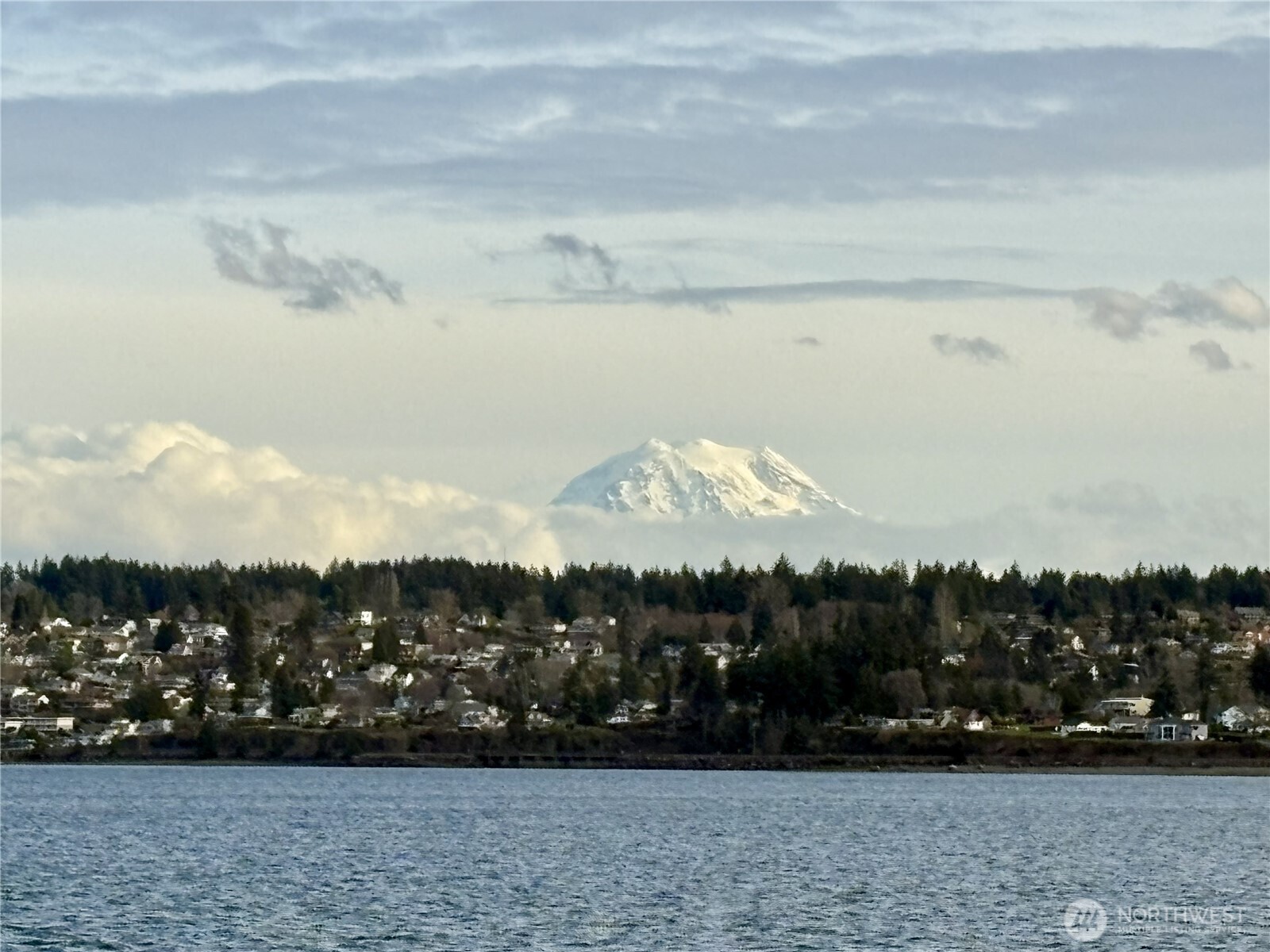Snow-covered Mount Rainier rises above clouds beyond a wooded shoreline, viewed across the water.