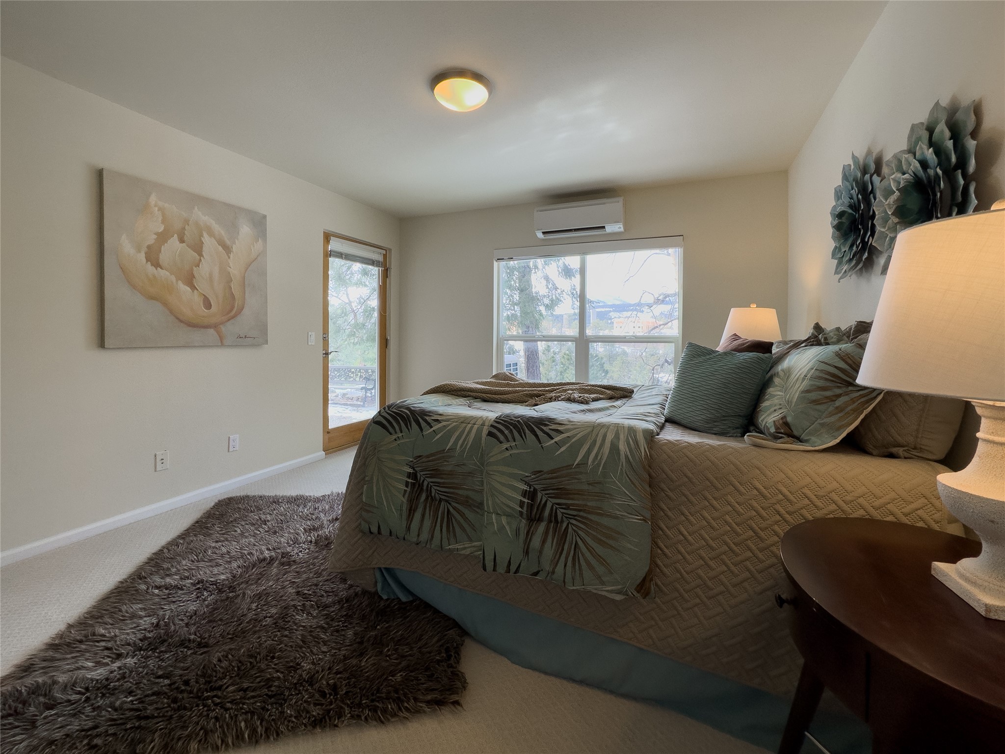 Bedroom with a large patterned bed, shag rug, and daylight coming through a window and glass door.