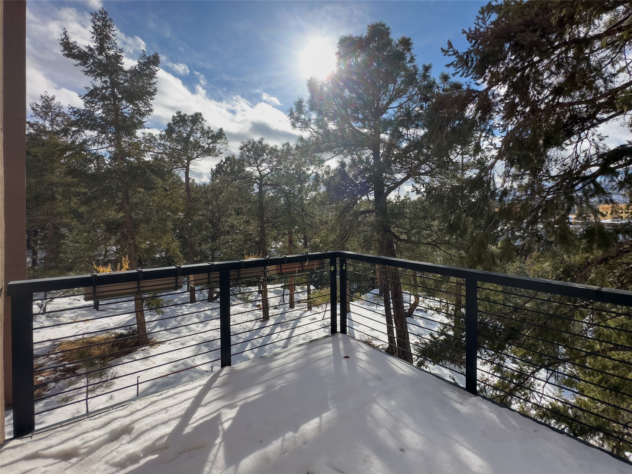 Snow-covered deck with black railing overlooking evergreen trees in bright winter sunlight.