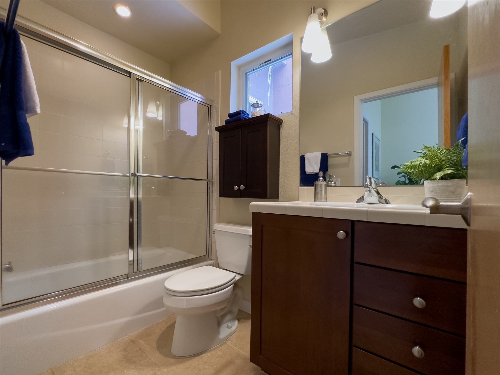 Bathroom with a glass-enclosed tub and shower, dark wood vanity, and potted fern.