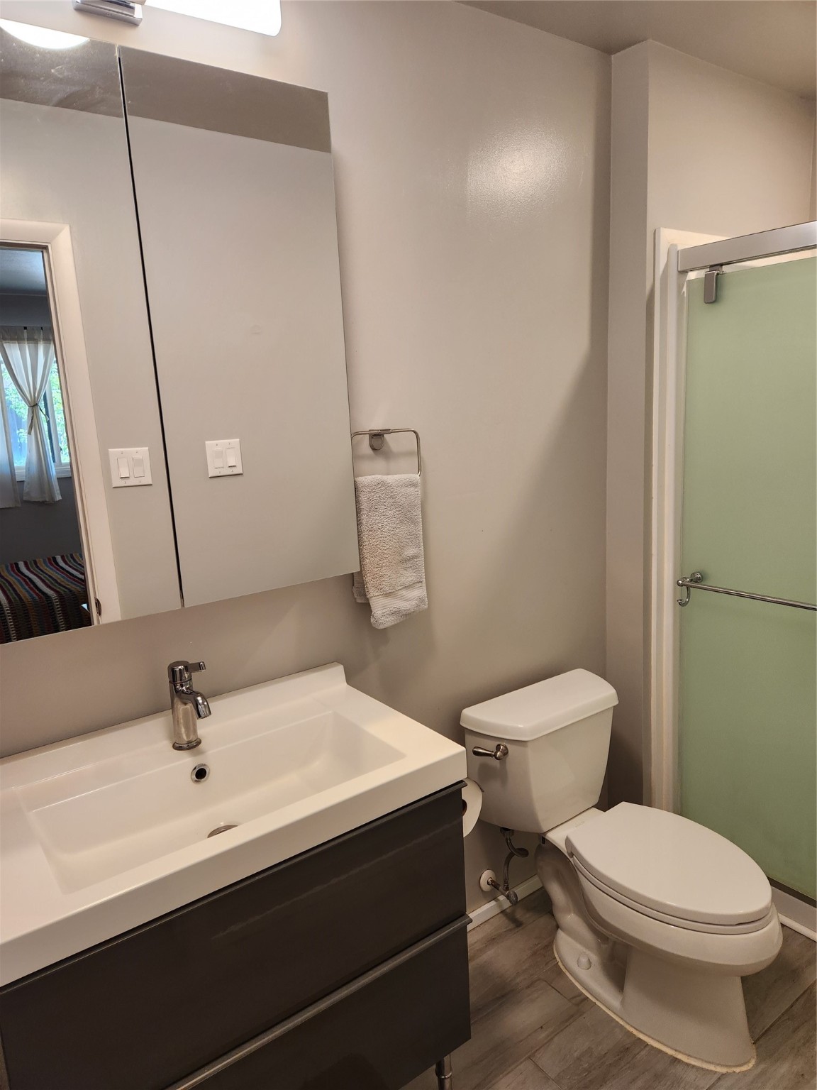 Bathroom with a dark vanity, mirrored cabinet, and frosted green shower door.