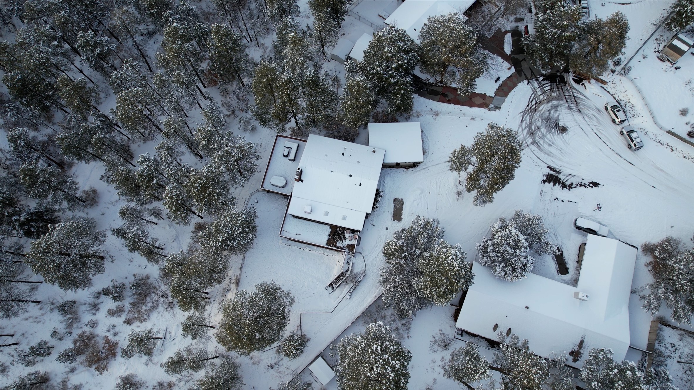 Aerial view of a snow-covered home surrounded by trees and neighboring buildings.