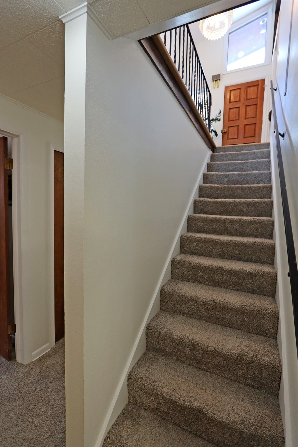 Carpeted staircase with a dark wood handrail leading to a bright landing and paneled wooden door.