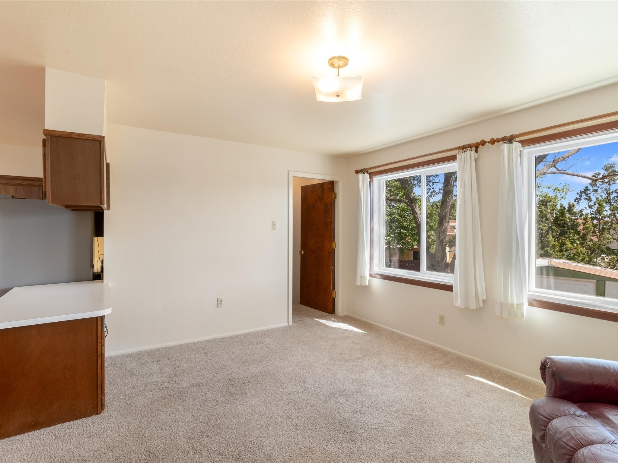 Living room with beige carpet, wood kitchen cabinetry, and large curtained windows.