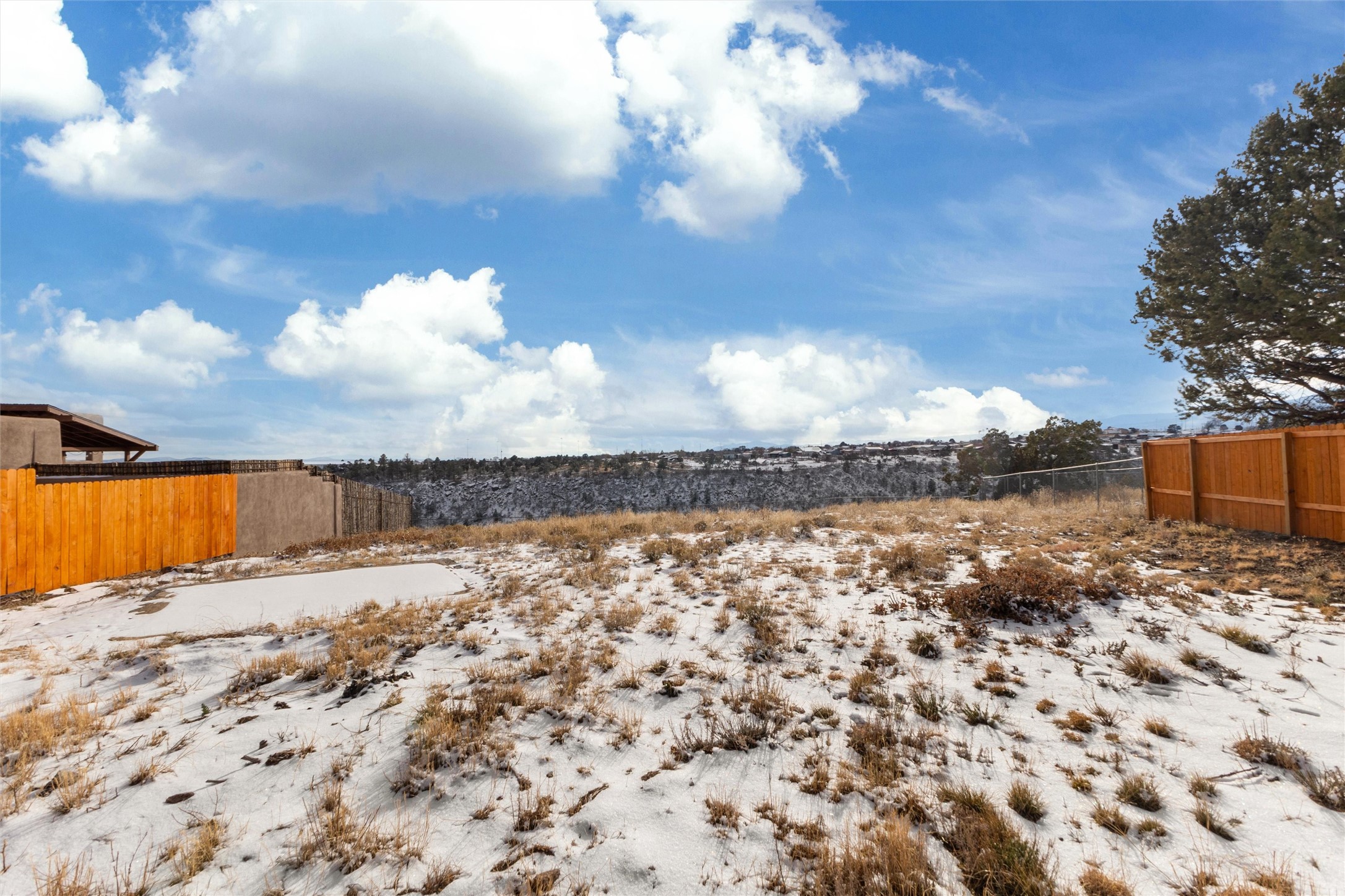 Snow-dusted backyard with dry grasses, a concrete patio, and a distant neighborhood view.